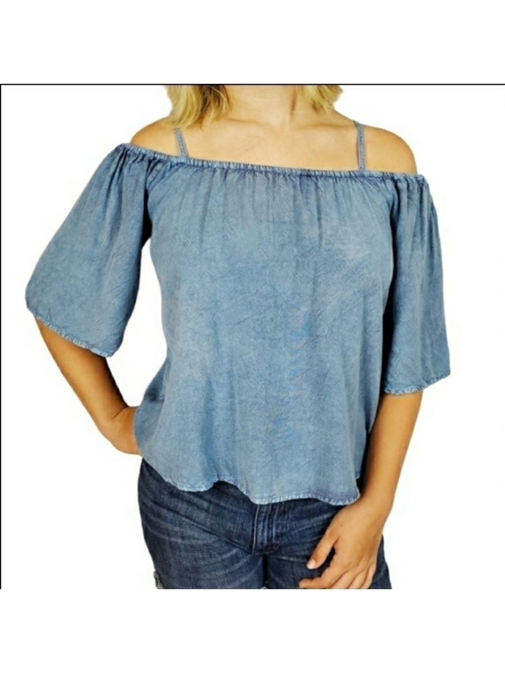 Shabby chic Chambray sz S off shoulder flowy top